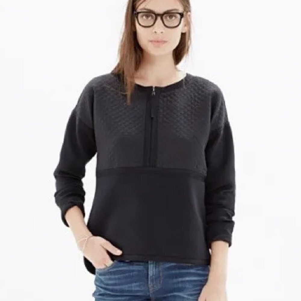 Madewell Stitchblock Pullover Sweatshirt Fleece Half Zipper Quilt Black‎ B5887